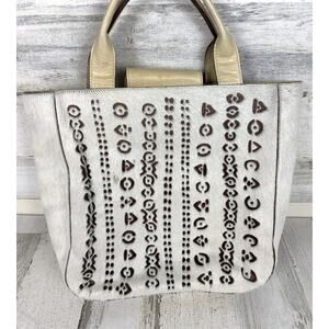 Pibra Women’s White Cutout Horsehair Italian Leather Handle Bag Boho Purse Rare